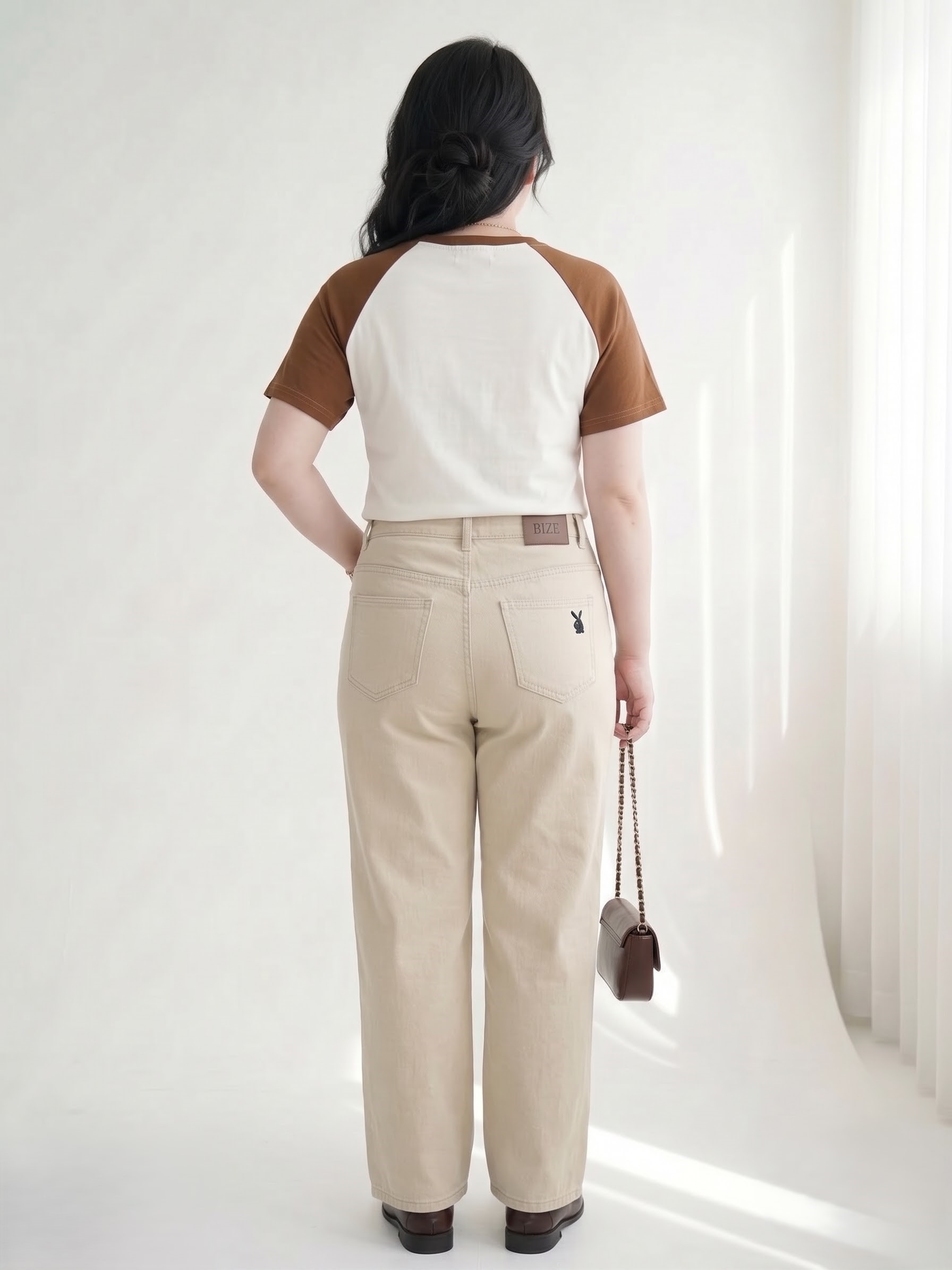 Áo Thun Raglan Phối Màu In Chữ Bigsize Nữ Form Ngắn Cotton Co Giãn - Trắng Nâu - Vừa 55–90kg - V-AK120_thumbnail_2