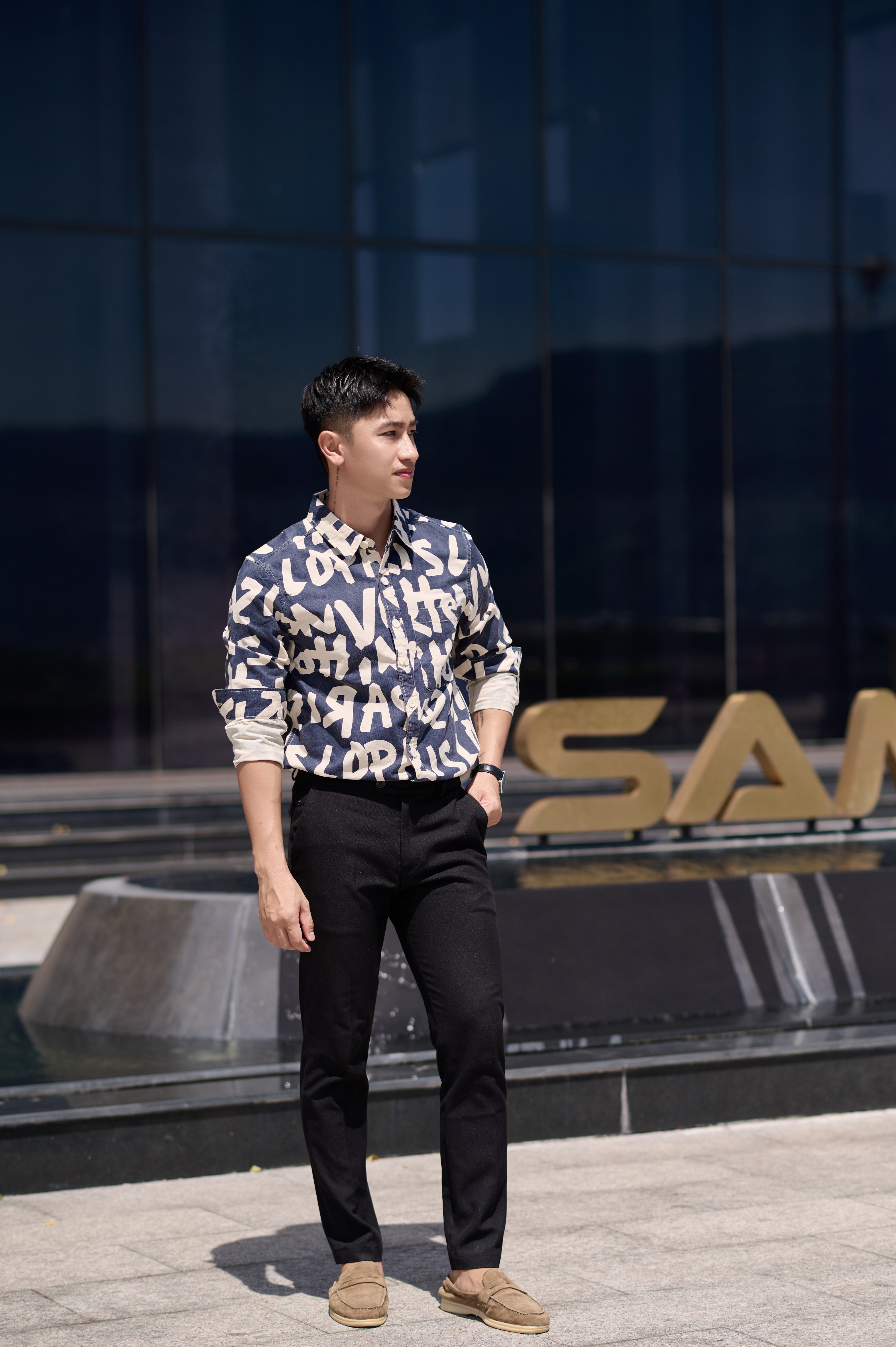 SA93 - Áo Sơ Mi Nam Tay Dài Phong Cách Nhật Bản In Chữ Đa Năng, Chất Cotton 100%, Màu Nâu & Xanh Dương_thumbnail_5