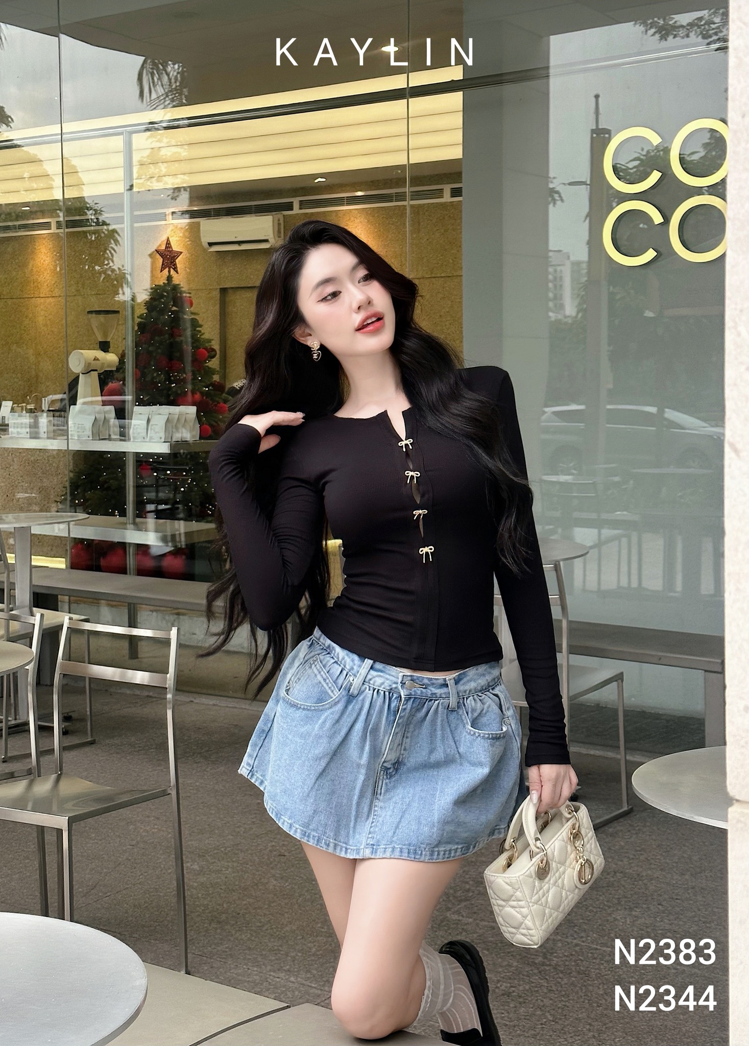 Áo Thun Gân Tay Dài KAYLIN Phối Nút Nơ