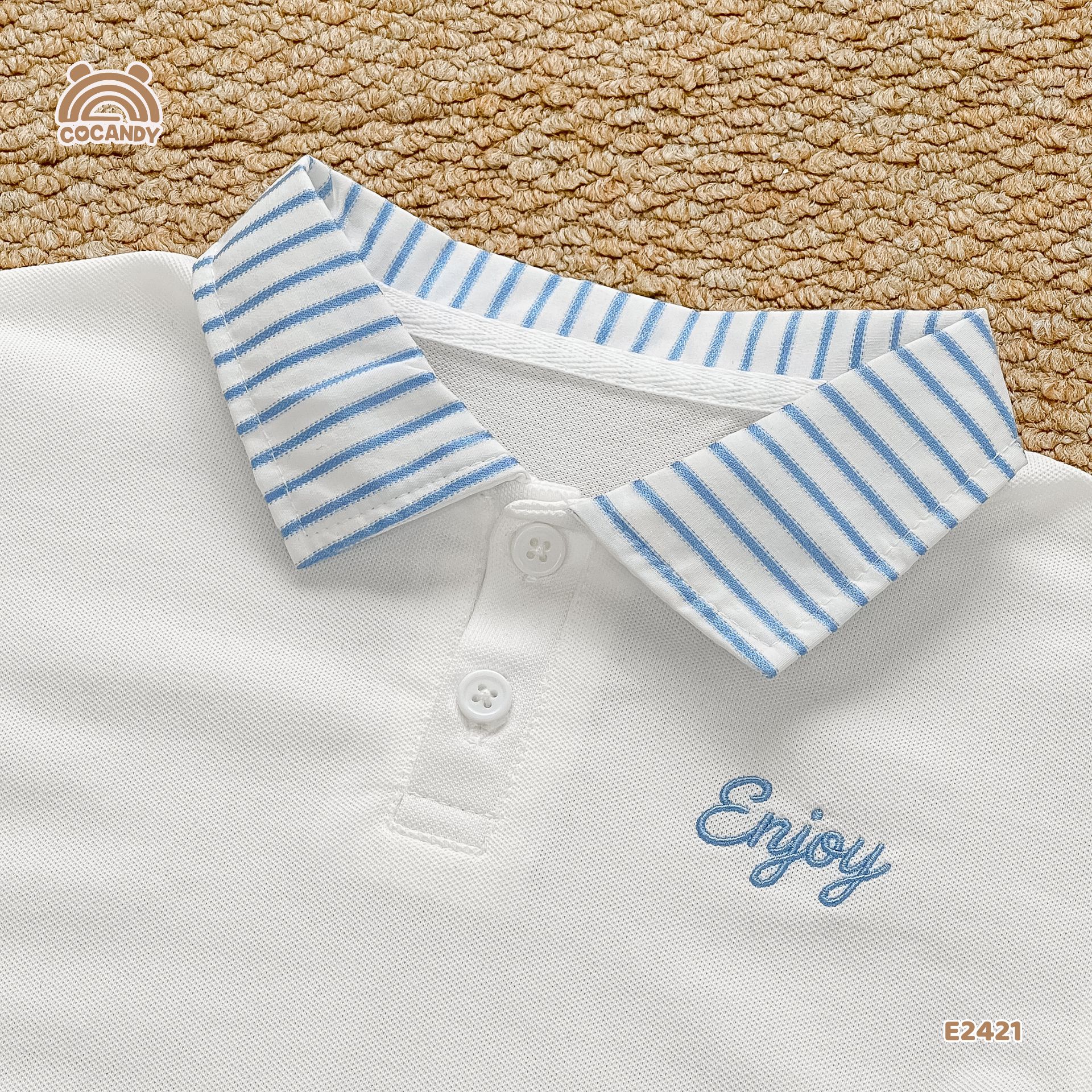 Áo cộc polo TRẮNG phối kẻ xanh thêu chữ_thumbnail_6