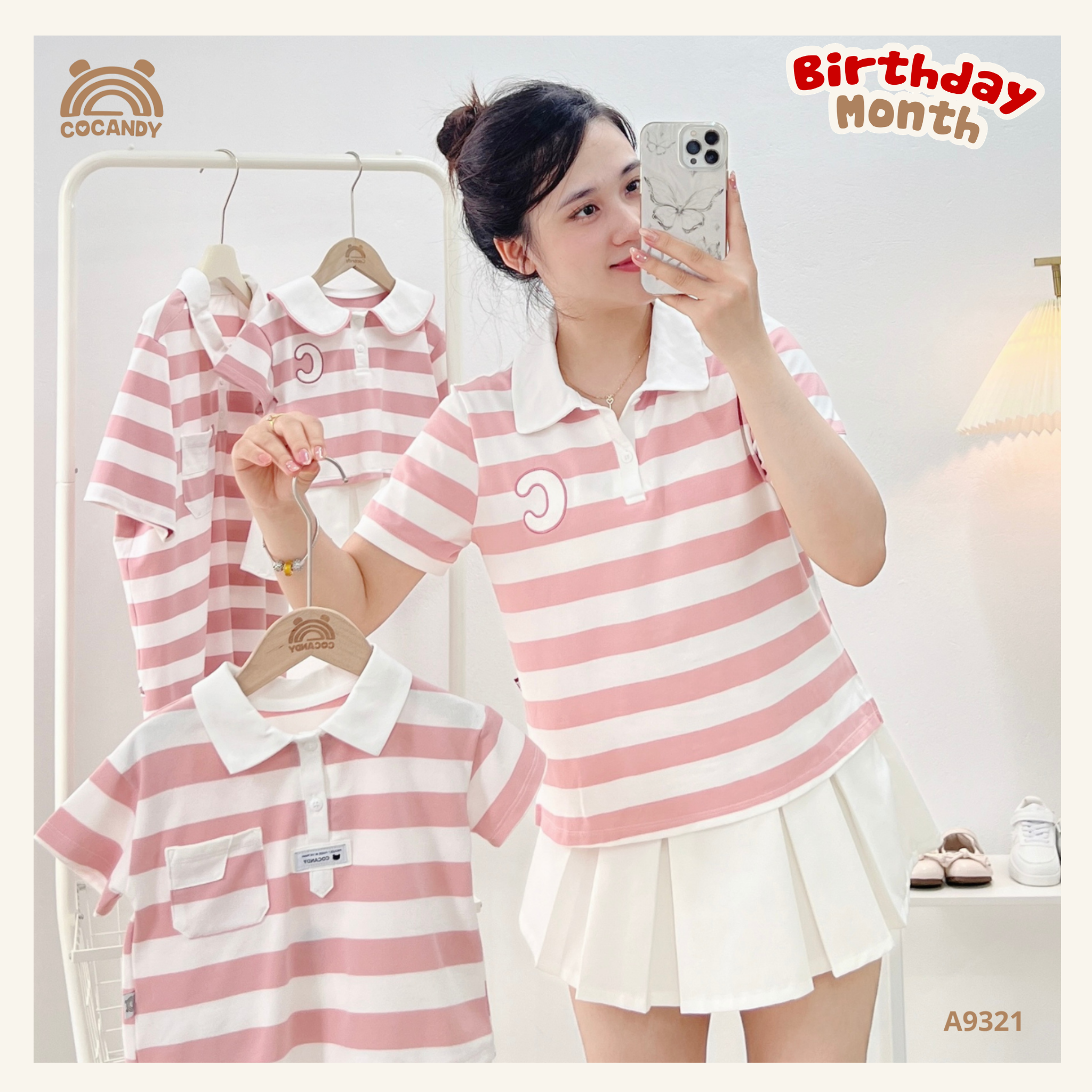 Áo cộc kẻ HỒNG thêu chữ C polo NỮ_thumbnail_1