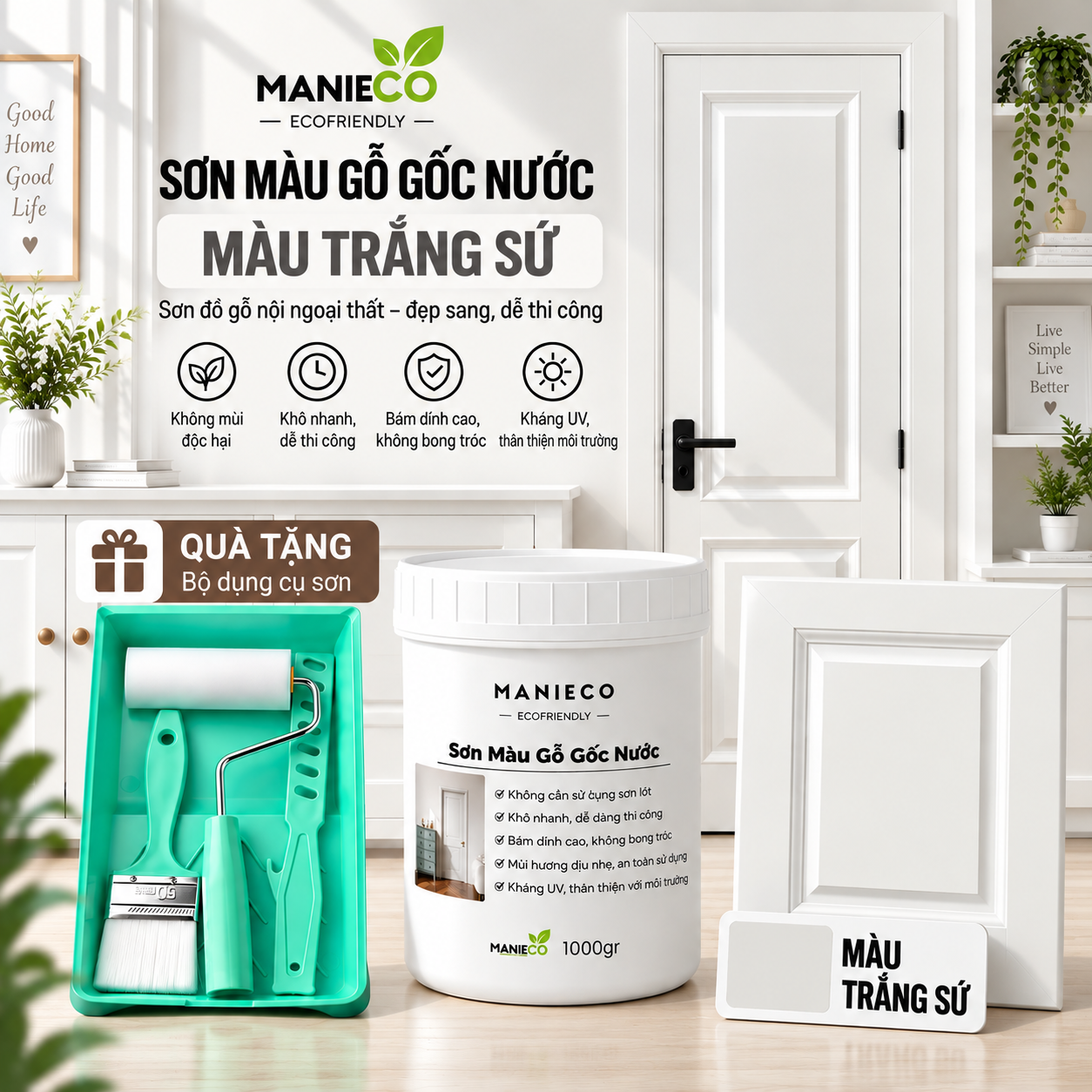 Màu Trắng Sứ - Sơn Gỗ Gốc Nước Đổi Màu Manieco 1KG - Nội Ngoại Thất, Che Phủ Hoàn Toàn, Không Mùi