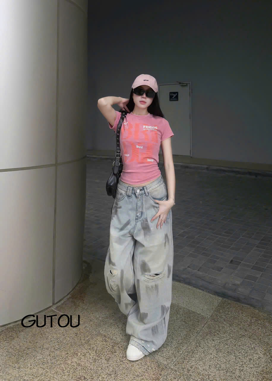 [ GUTOU ] Quần Jean Suông Wash Vệt Xám Rách Gối Street Style_thumbnail_1