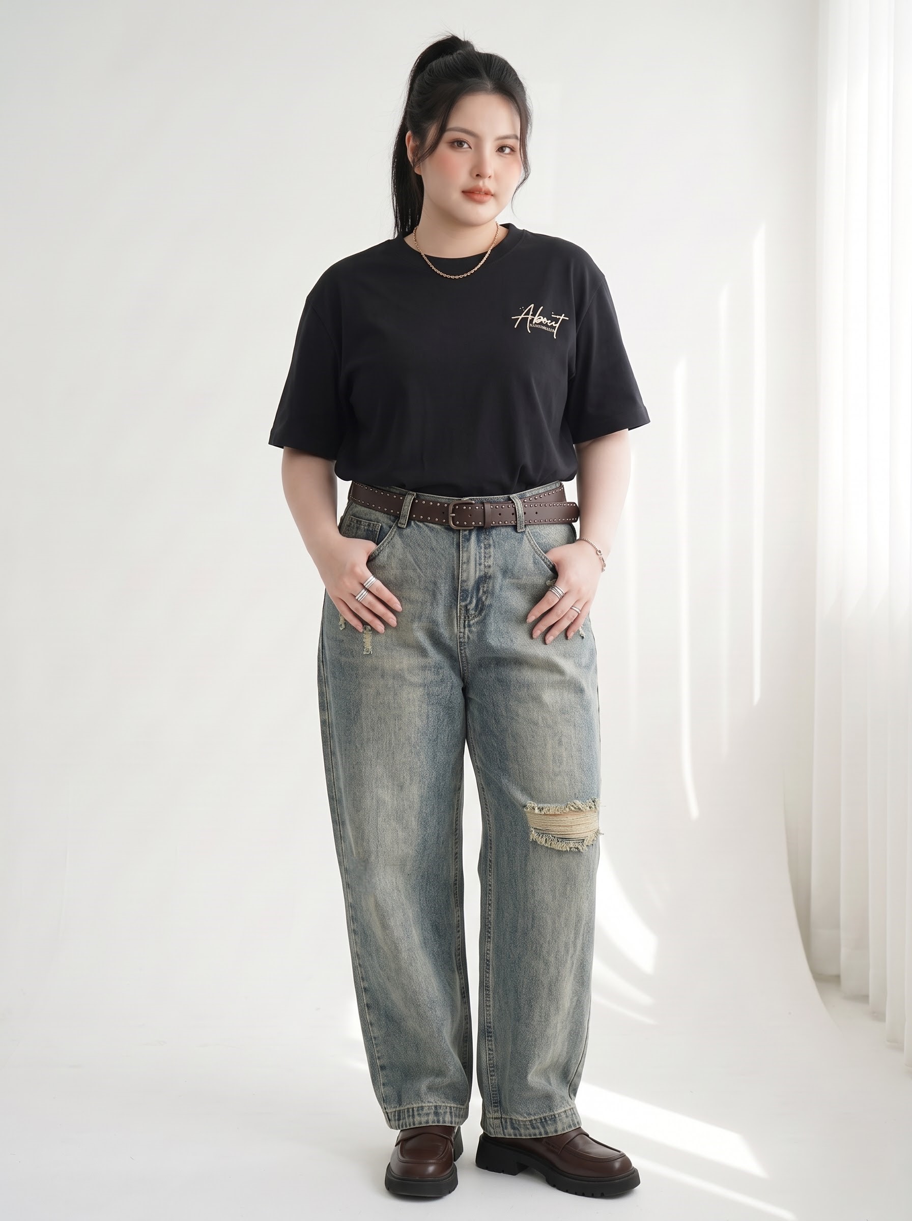 Quần Jean Boy Thụng Thêu Mèo Bigsize Ống Rộng - Xanh Đậm, Xanh Nhạt - Vừa 55–90kg - T-QJ629