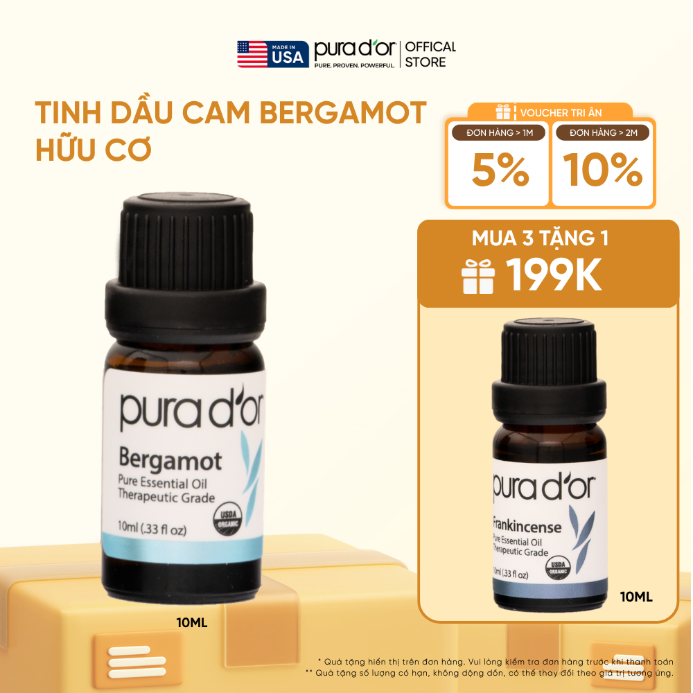 Tinh Dầu Cam Bergamot Hữu Cơ Pura D'or Therapeutic Grade Bergamot Essential Oil 10ml