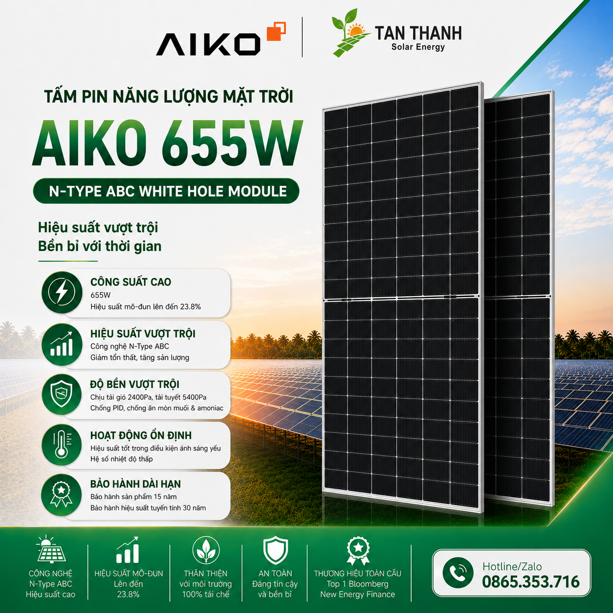 Tấm Pin Năng Lượng Mặt Trời AIKO 655W