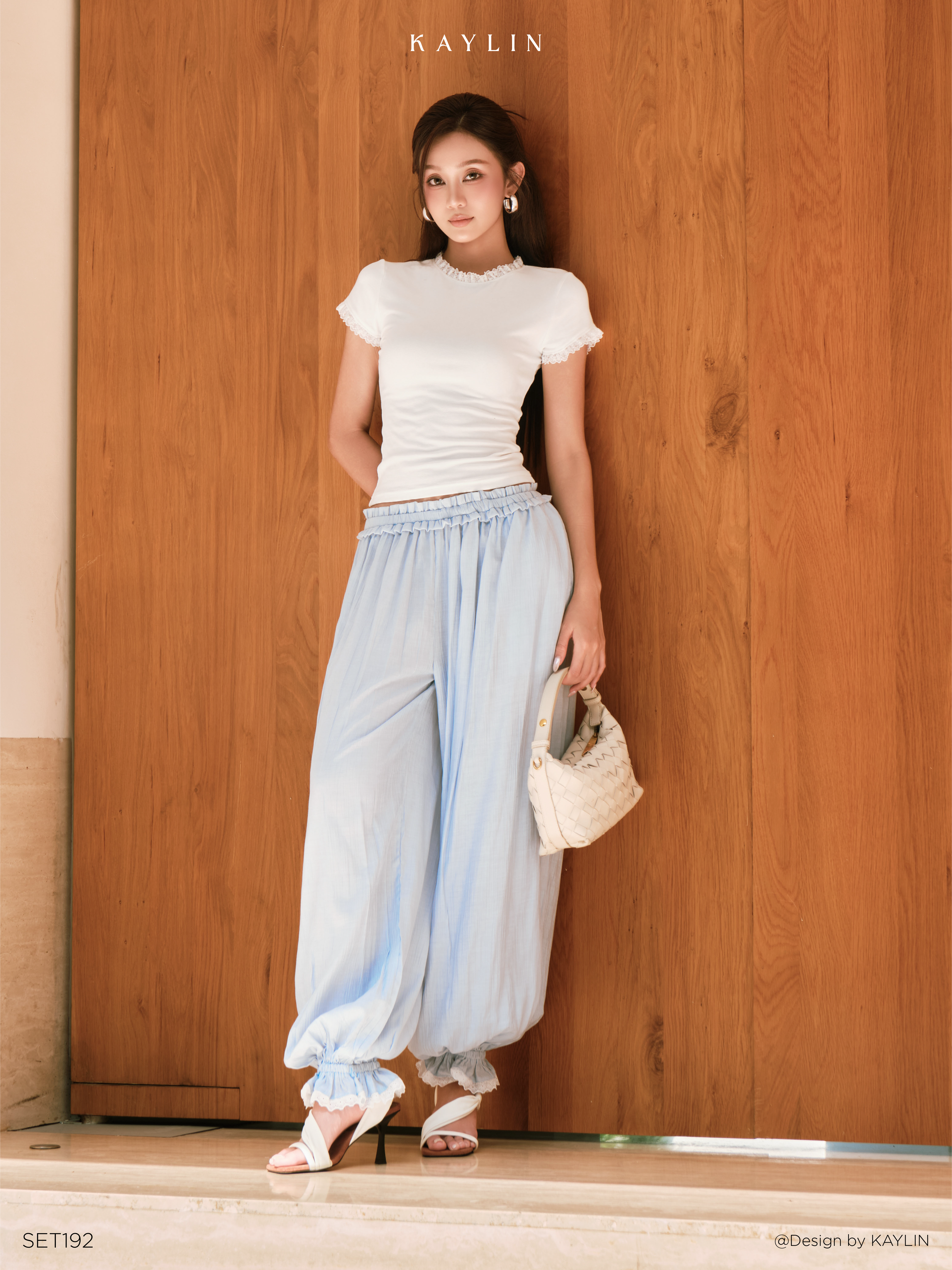 Set Áo Thun Viền Bèo Phối Quần Dài Bo Gấu KAYLIN Celeste Set