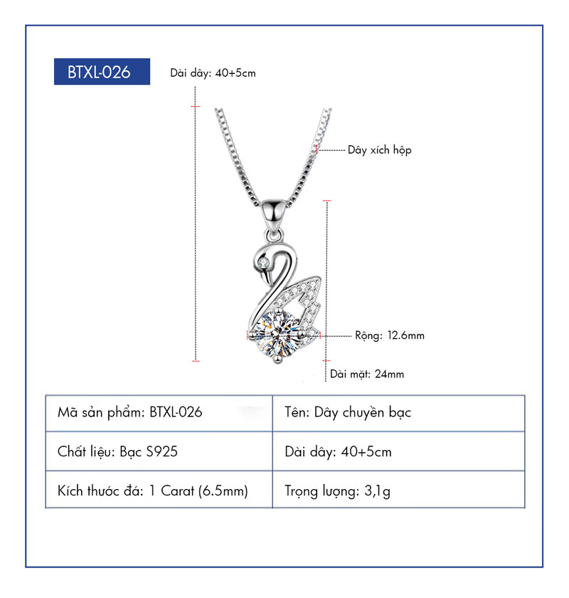 Dây Chuyền Bạc Nữ Cao Cấp Đính Đá Zircon 1 Carat Sang Trọng DCN130 BTXL-026_thumbnail_5