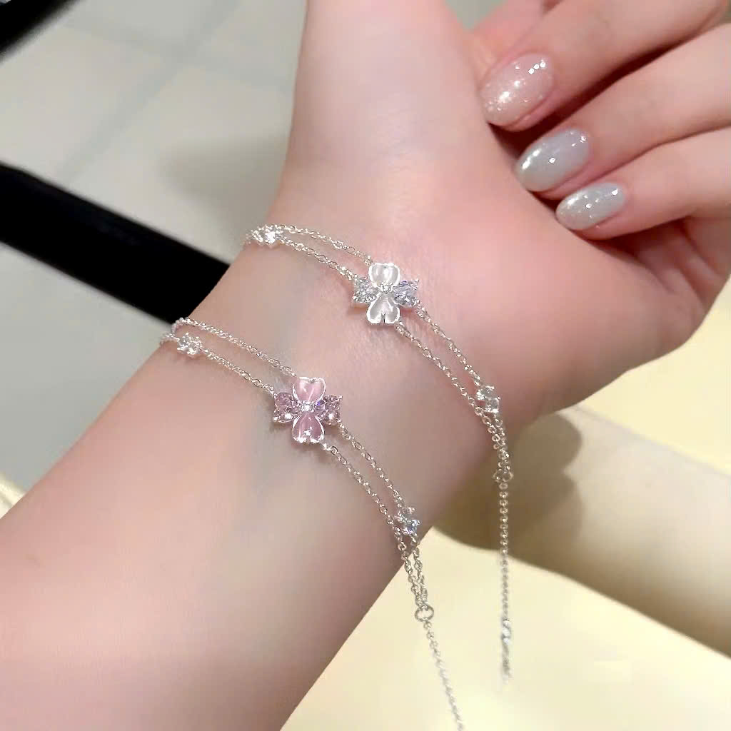 Vòng tay bạc nữ cỏ 4 lá may mắn NSLT04 Trắng - Hồng