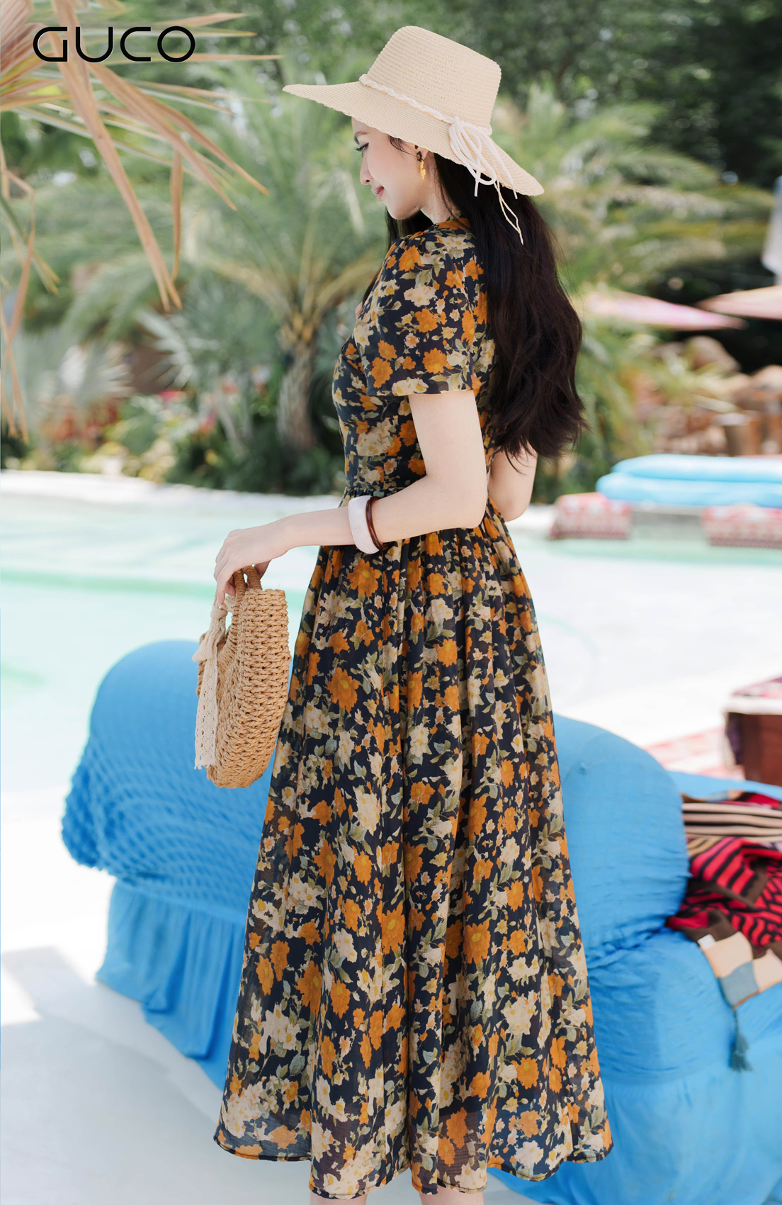 GUCO Đầm Midi Cổ Trụ Hoa Nhí Nền Đen - 5150_thumbnail_3