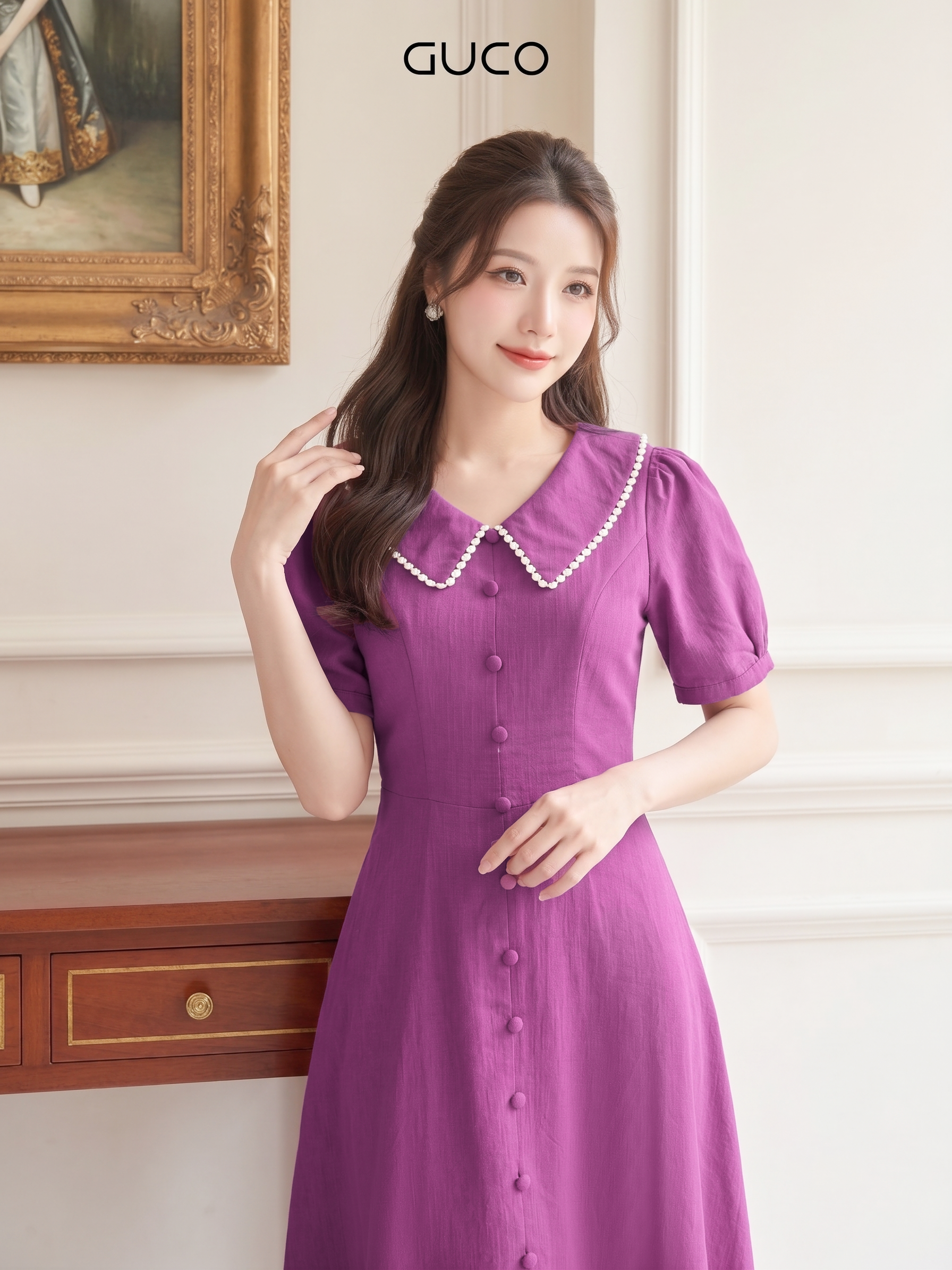 Đầm Xòe Tím Lavender Cổ Sen Viền Ren - 5173_thumbnail_1