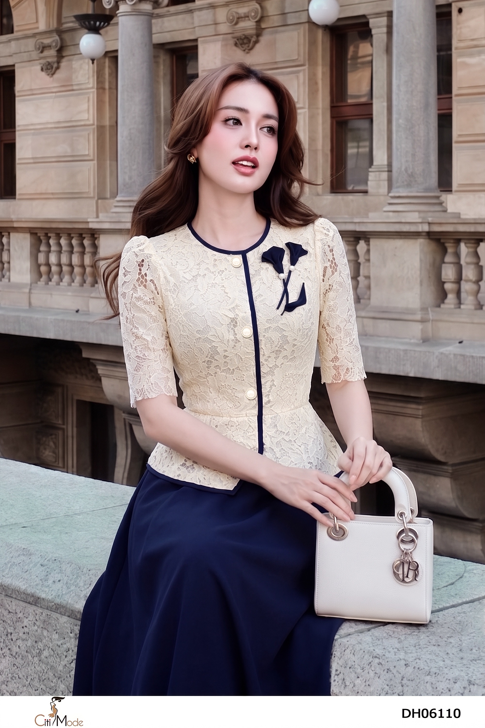 Đầm xòe peplum xanh đen phối ren kem vai đính hoa tay lỡ_thumbnail_2