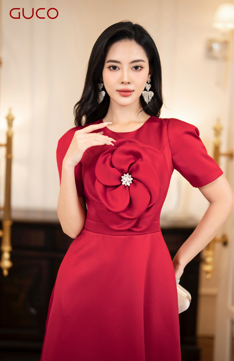 D10027DO - ĐẦM DỰ TIỆC PHỐI HOA TO CỔ TRÒN - ĐỎ