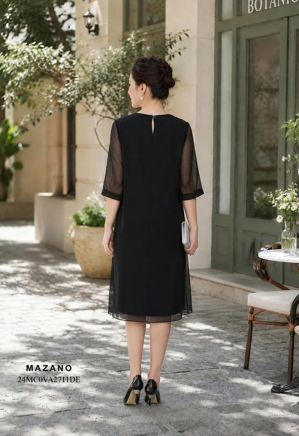 Váy Đầm suông Vải Voan tơ phủ trên vải lụa Họa tiết Hoa cẩm chướng cách điệu Cổ tròn vừa tay lỡ Dài qua gối_thumbnail_2