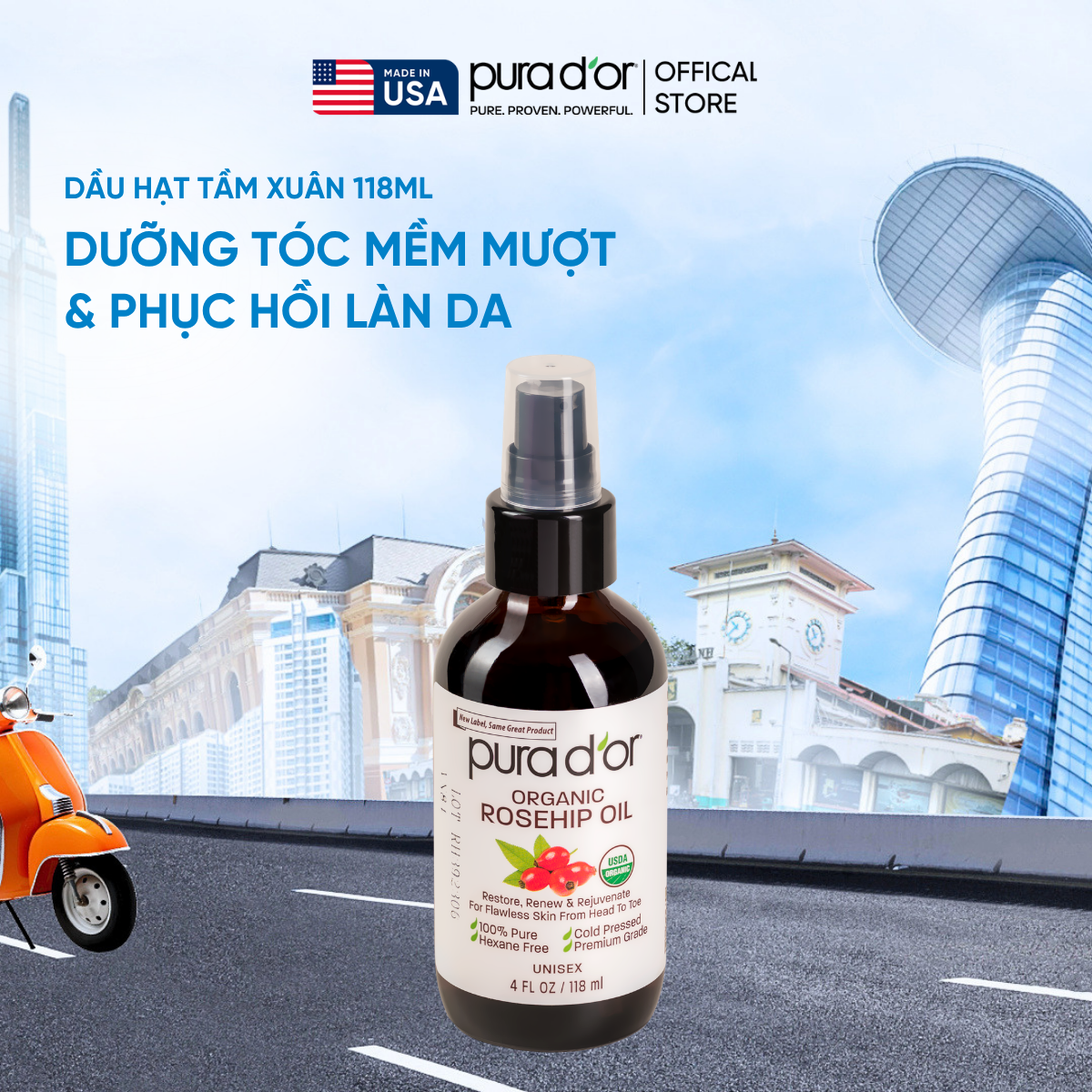 Dầu Hạt Tầm Xuân Nguyên Chất Hữu Cơ Pura D'or Organic Rosehip Seed Oil  – Giúp Phục Hồi Làn Da & Dưỡng Tóc Mềm Mượt 118ml