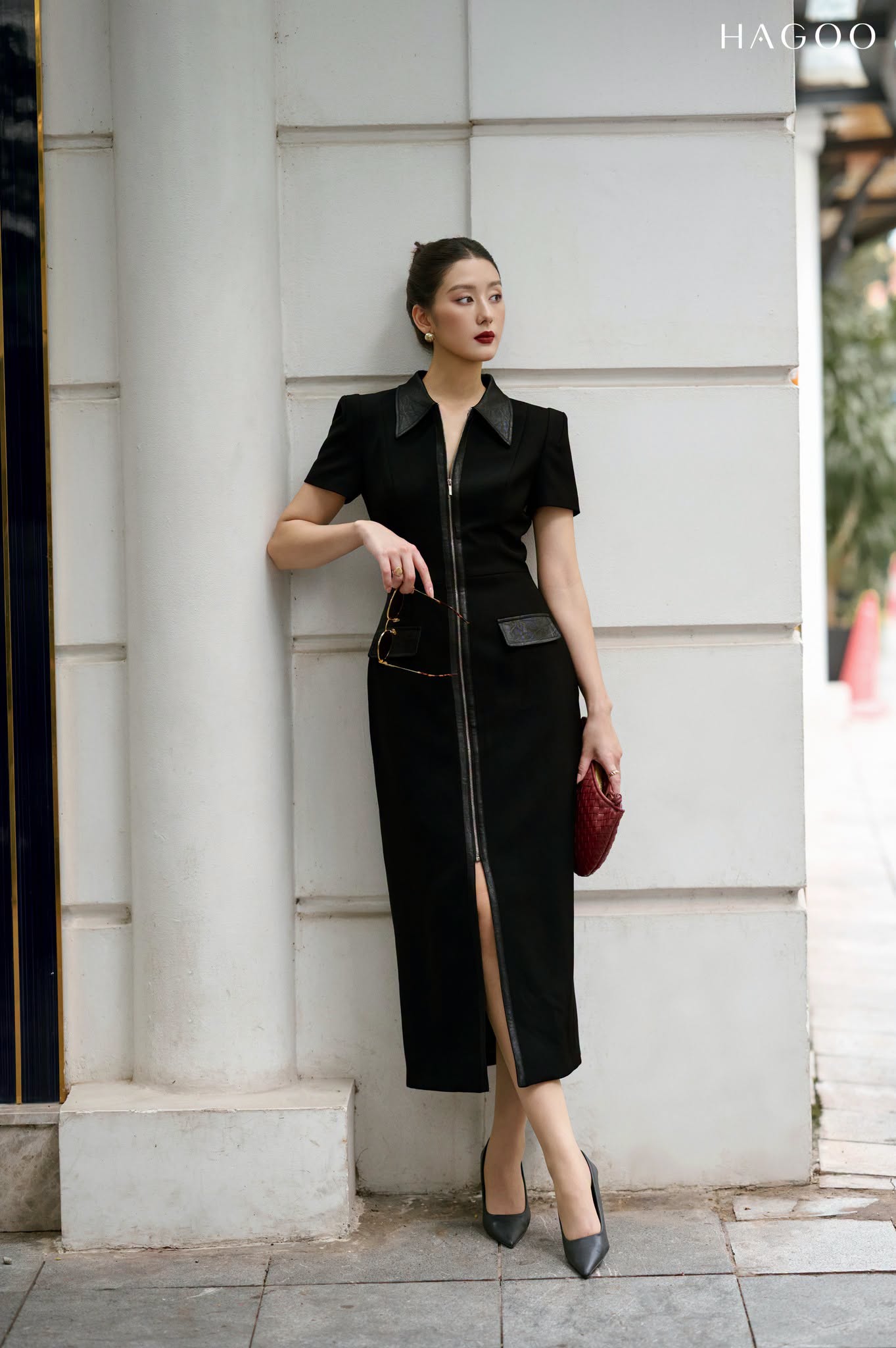 Váy cổ đức khóa đồng phối da HAGOO