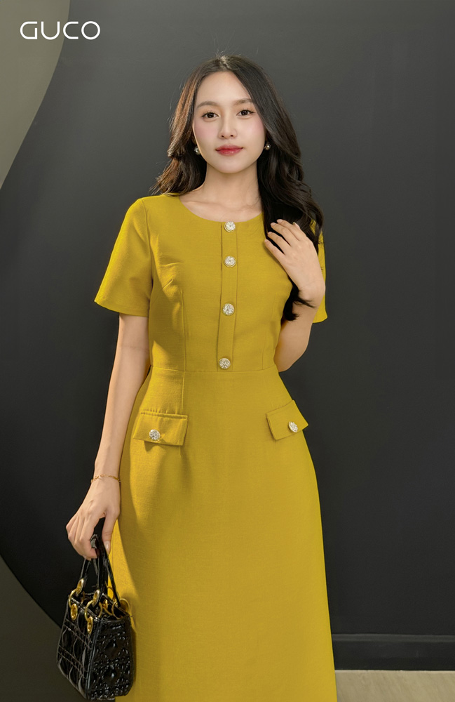 ĐẦM A PHỐI NÚT TÚI GIẢ - VÀNG_thumbnail_1