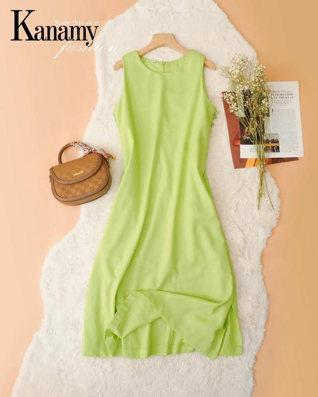 Đầm sát nách Linen bột phối nút bọc