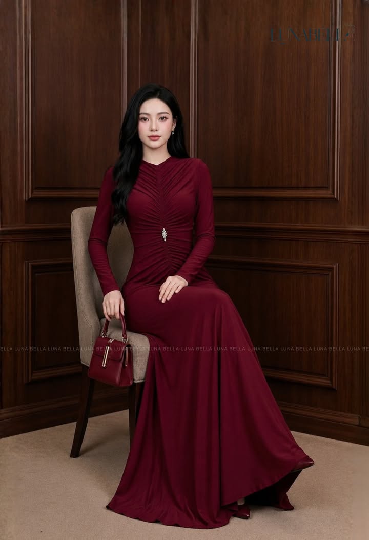 Váy spandex dài  xếp nhún THALINA màu ĐỎ_thumbnail_1