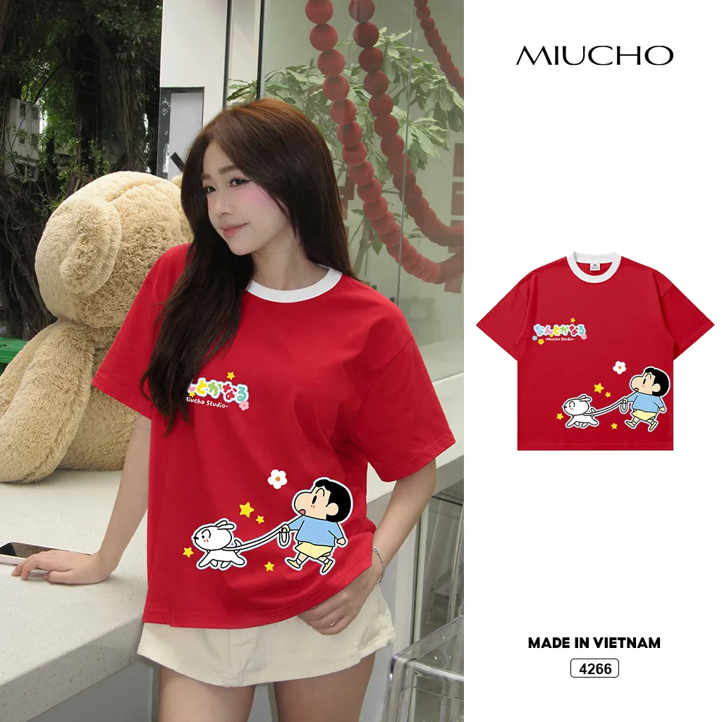 Áo thun unisex form boxy phối cổ mix màu hoạt hình Miucho 4266