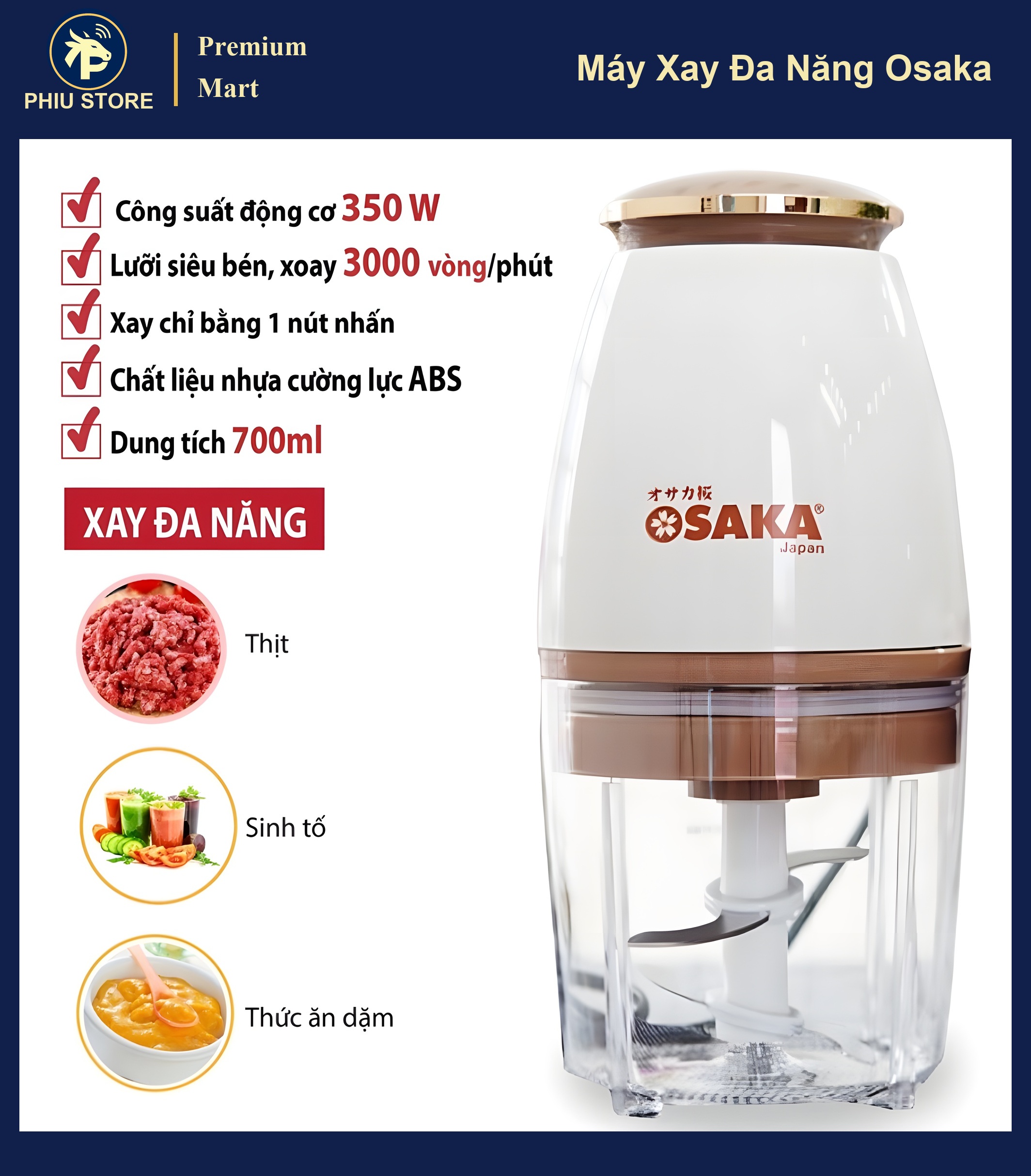 Máy Xay Đa Năng Osaka Cối Inox 700ml - 4 Lưỡi Thép, Motor 350W Xay Thịt Cá Rau Củ Sinh Tố Đá