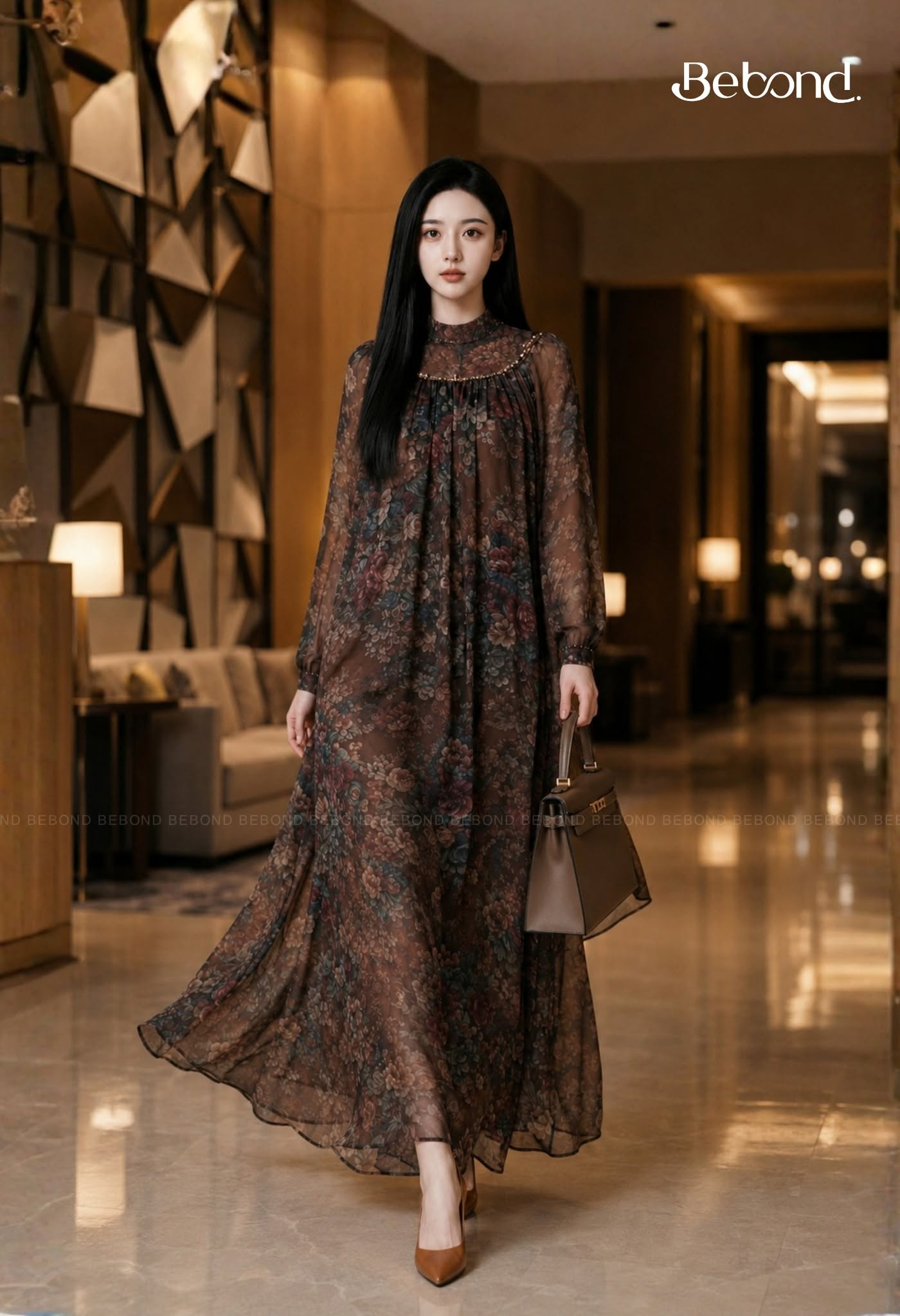 Váy voan suông dài CATHY in hoa màu NÂU_thumbnail_1
