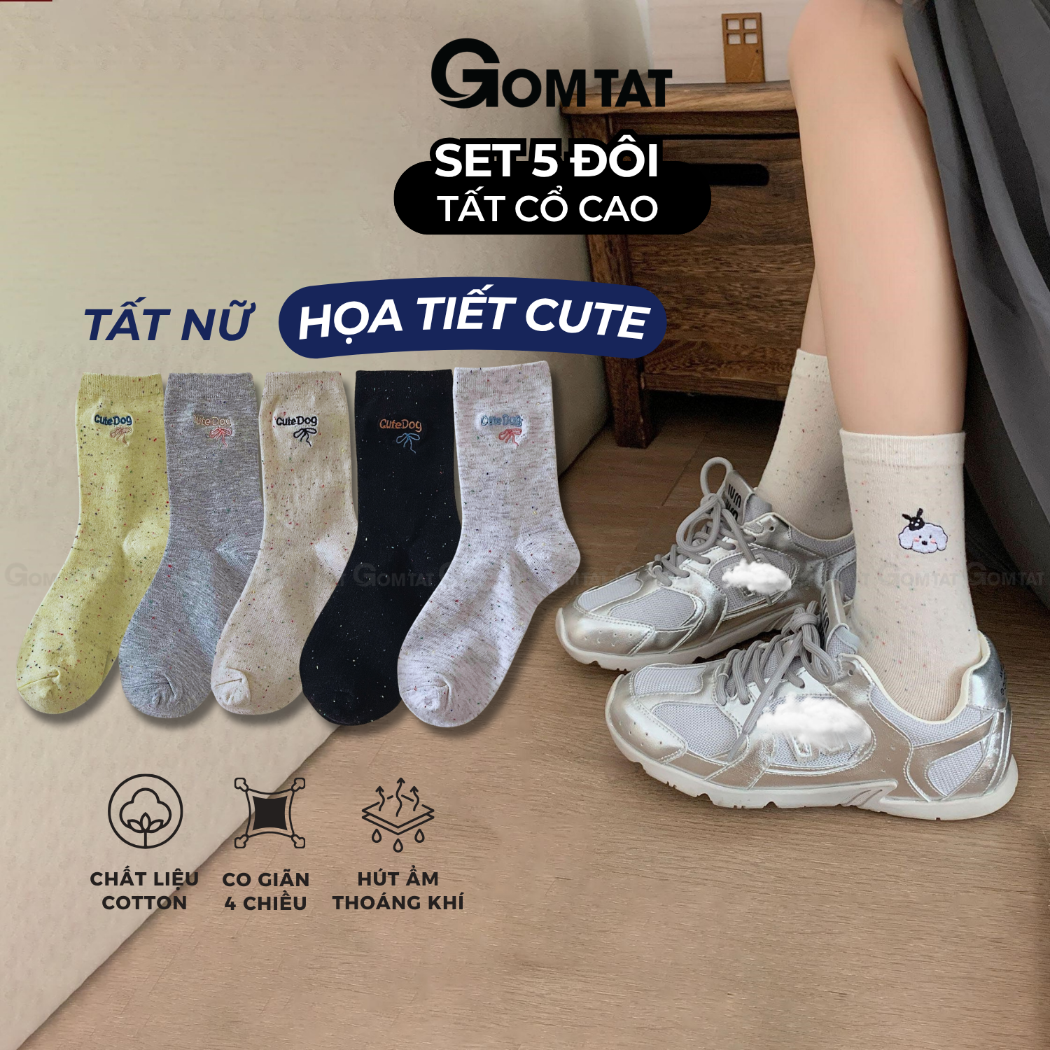 Set 5 đôi vớ nữ cổ cao GOMTAT họa tiết cute, tất nữ cotton cao cấp mềm mại, êm chân – JIN-2512-CB5