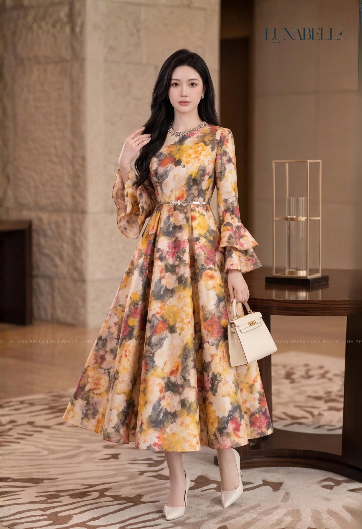 Váy dài tay bèo loe dáng xoè AVERIS màu VÀNG_thumbnail_1