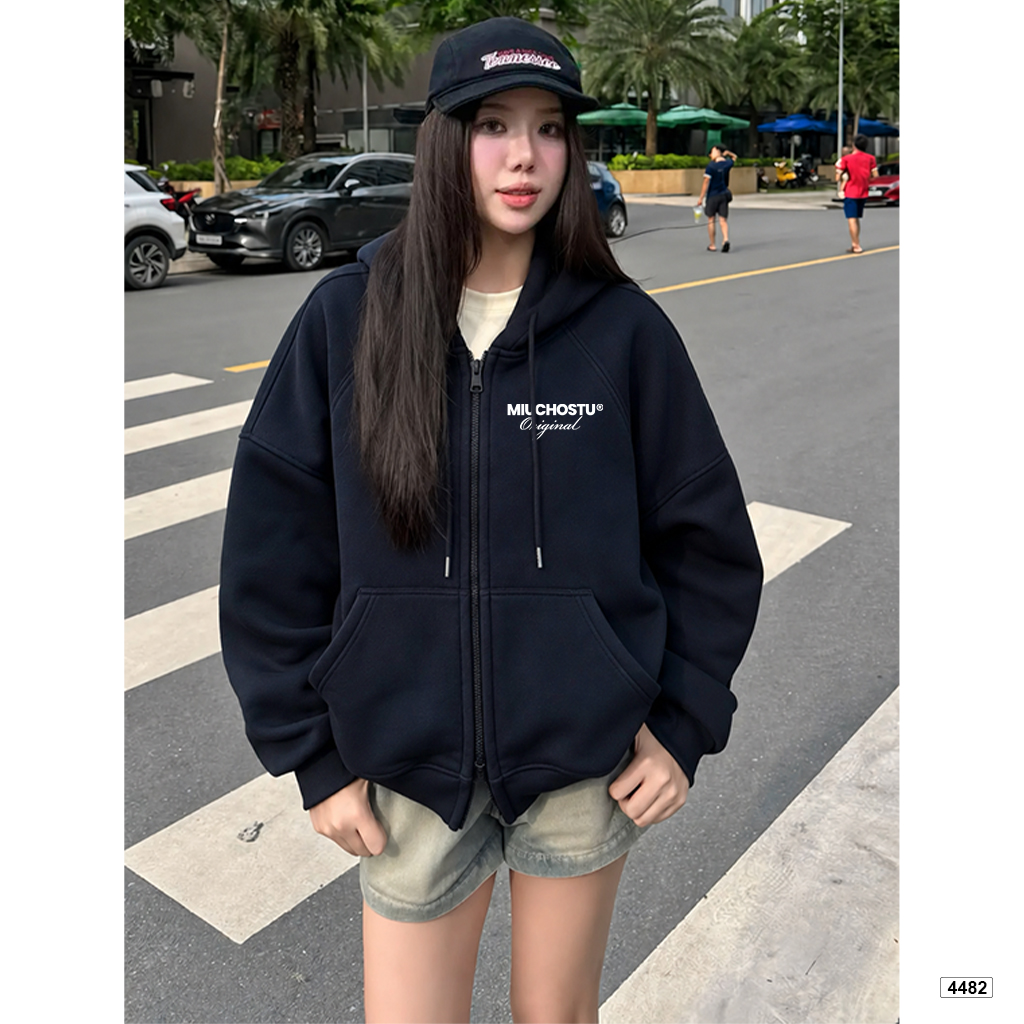 Áo hoodie zip Miucho form rộng basic nỉ 2 da in typography 4482_thumbnail_2