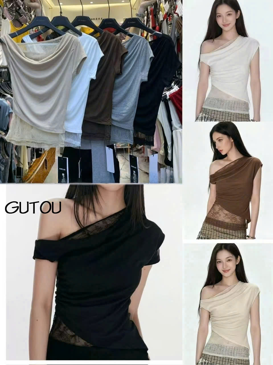 [ GUTOU ] Áo Thun Trễ Vai Viền Ren Nhún Eo Satin Muse_thumbnail_3