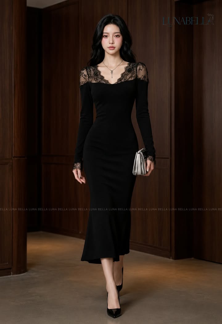 Váy thun spandex dài phối ren AURELIS màu ĐEN_thumbnail_1