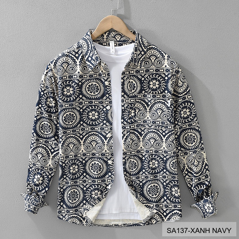 SA137 - Áo Sơ Mi Nam Tay Dài Phong Cách Nhật Bản In Họa Tiết Nghệ Thuật, Chất Cotton Mềm Mại_thumbnail_0