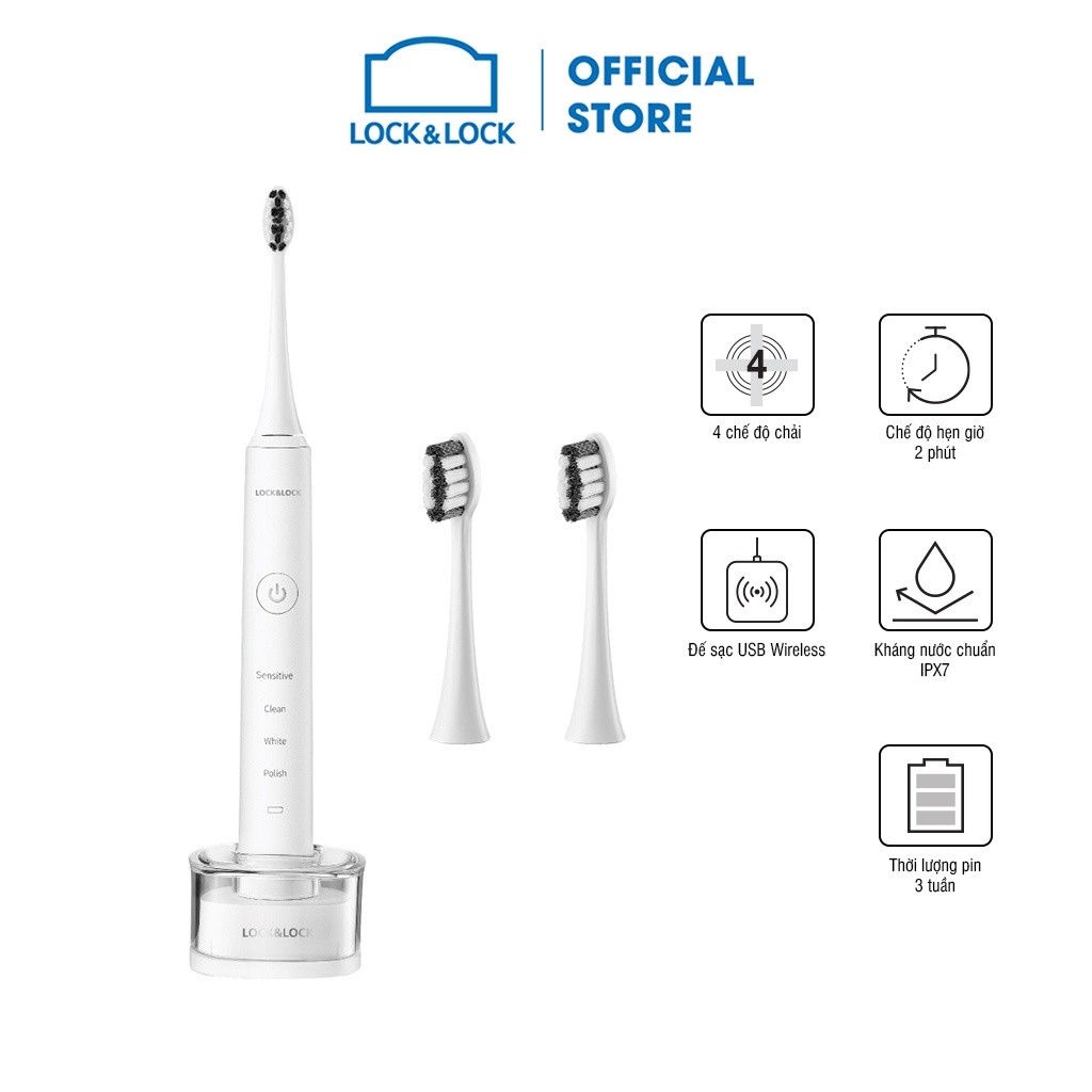 Bàn chải đánh răng điện Lock&Lock 4 chế độ, chống nước, sạc không dây ENR346 (màu trắng & màu đen)