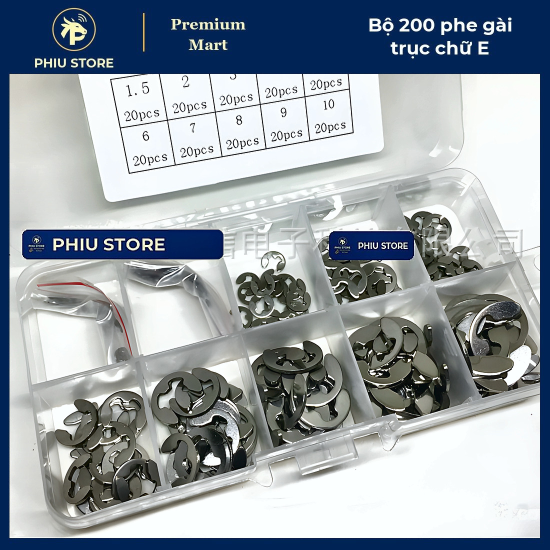 Phe Gài Trục Chữ E - Bộ 200 Phe Cài 3 Chấu 10 Cỡ 1.5-10mm, Phe Chặn Trục Chữ E - PHIU STORE