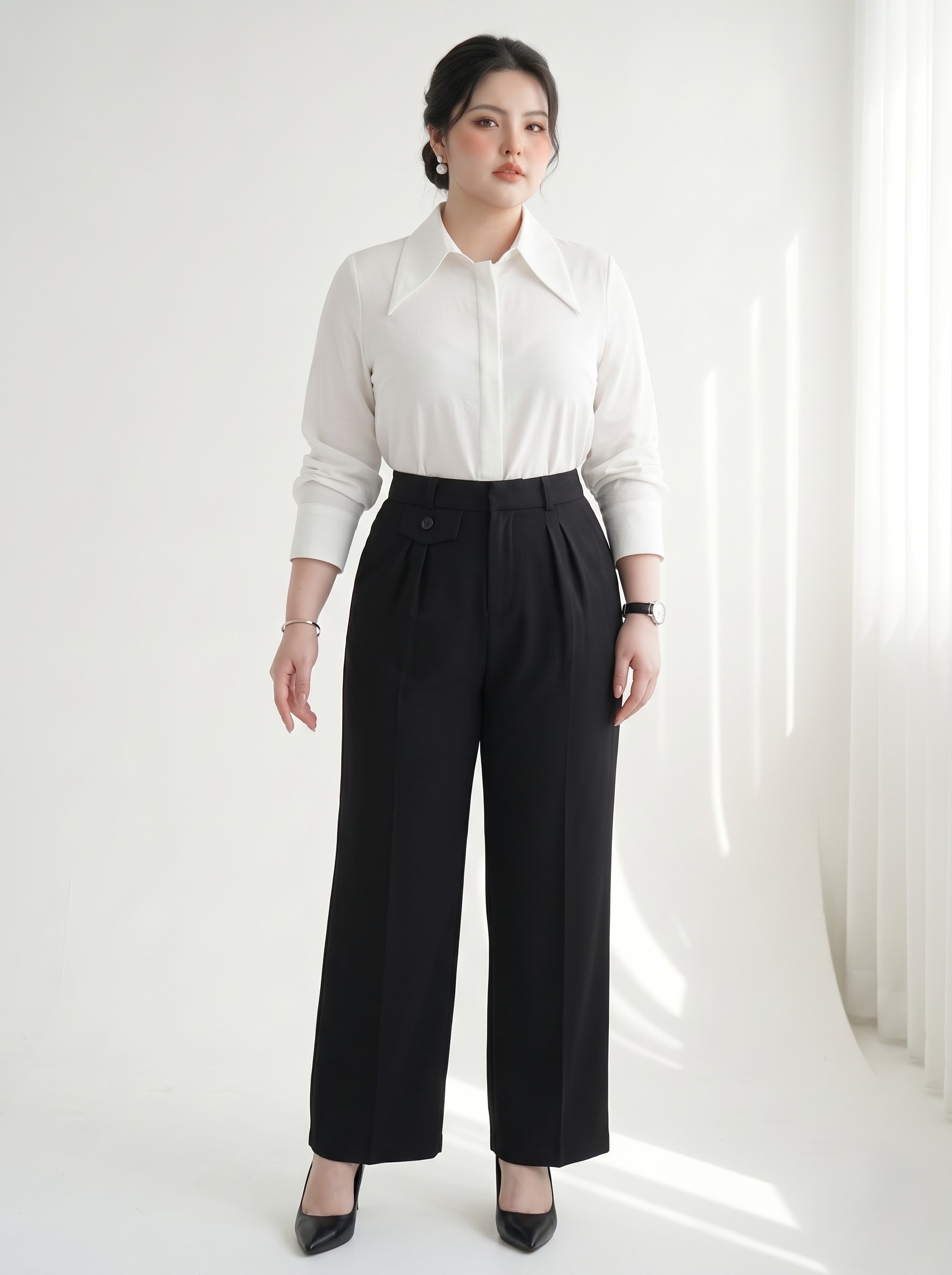 V-QD037 Plus-Size High-Waist Straight-Leg Pants with Pocket Flaps