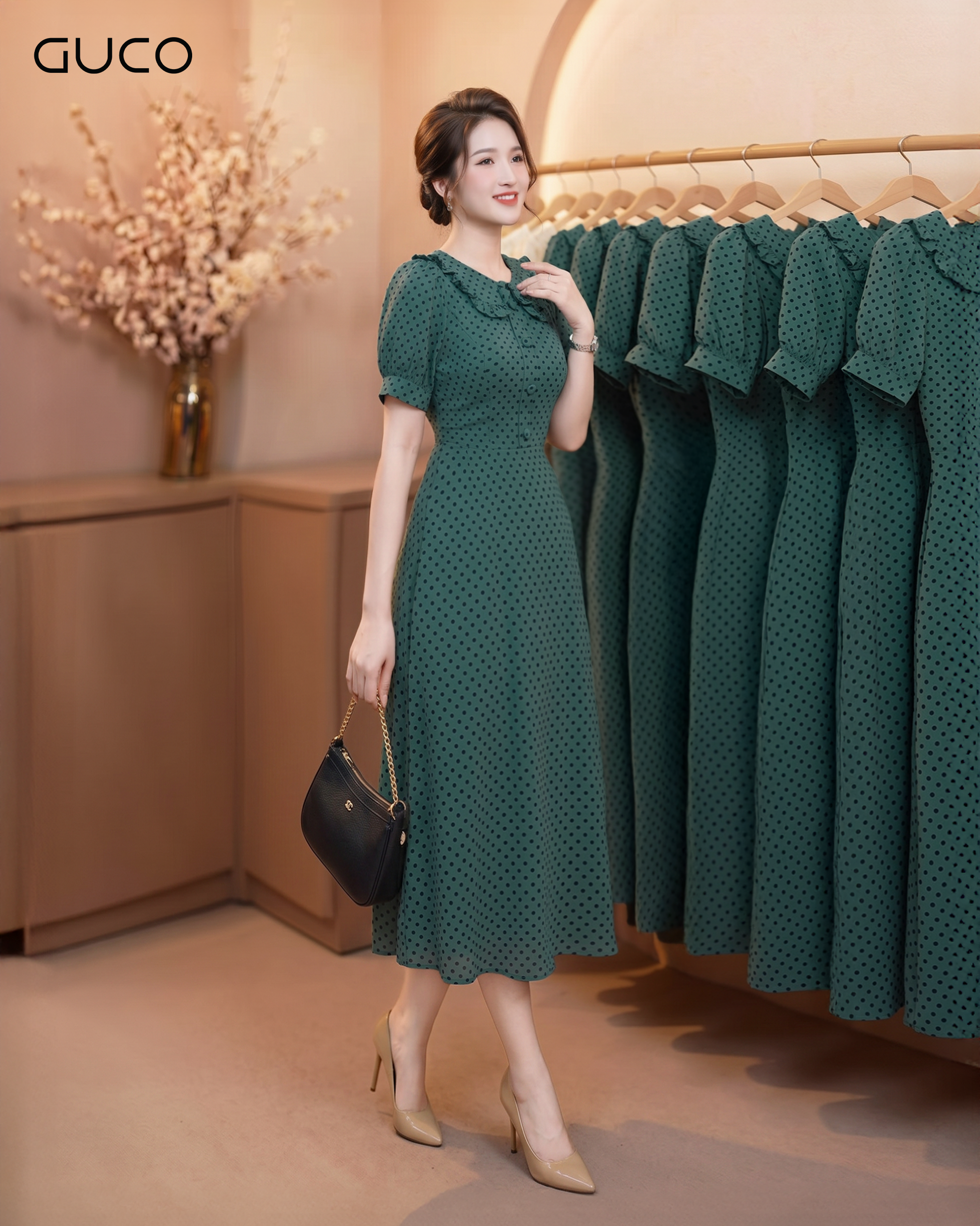 GUCO Đầm Công Sở Vintage Chấm Bi Xanh