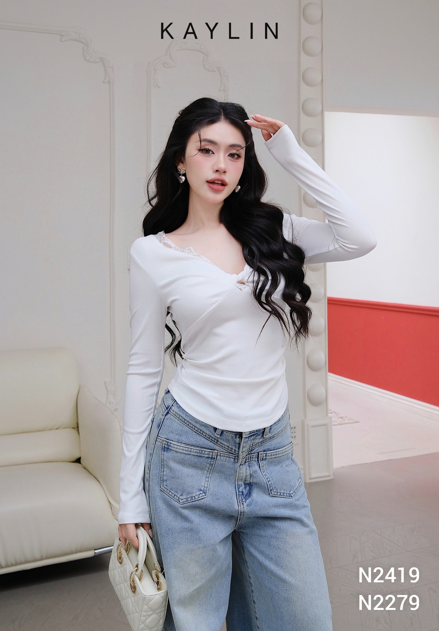 Áo Kiểu Tay Dài KAYLIN Phối Ren Xoắn