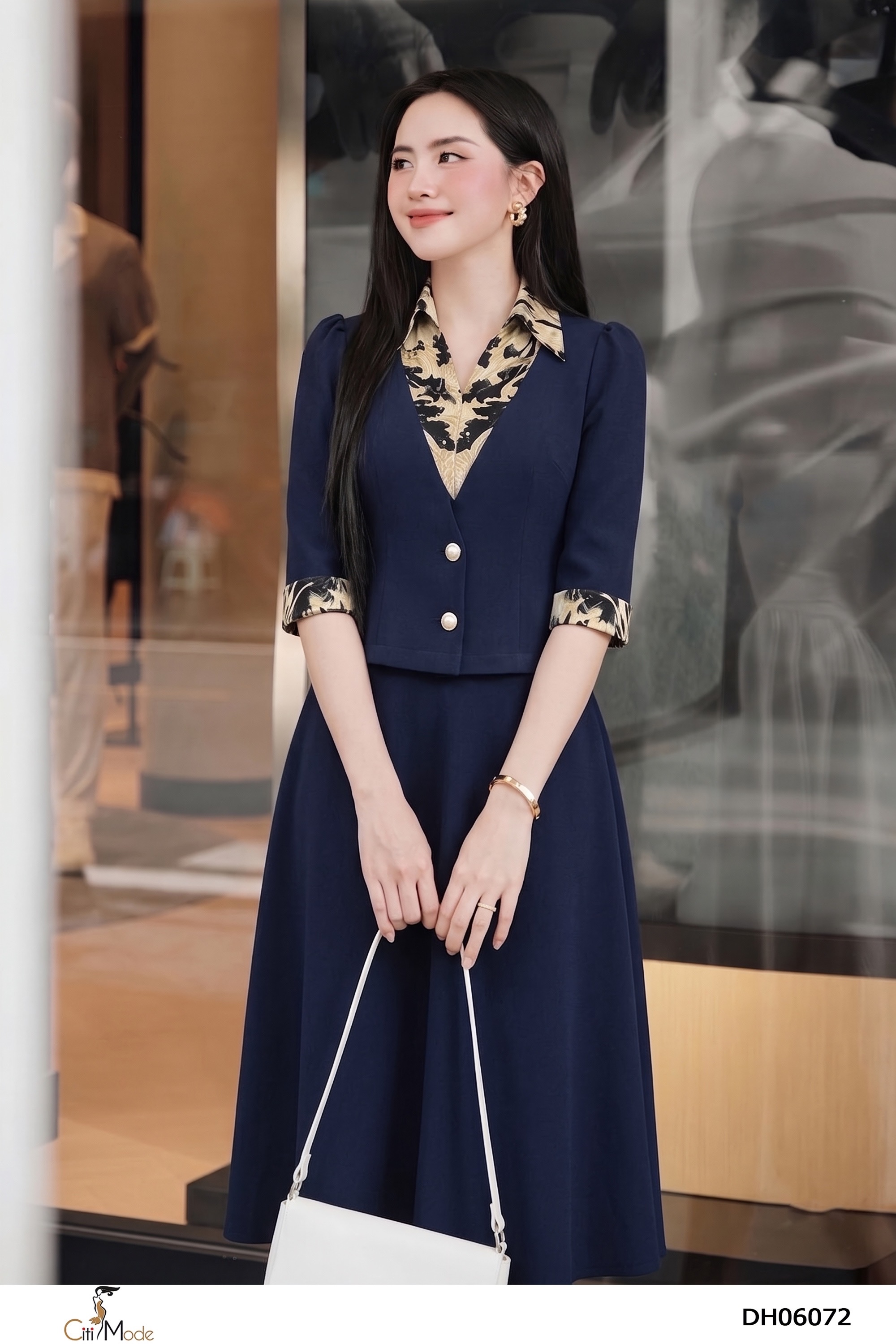Đầm xòe xanh đen cổ đức phối tay lỡ_thumbnail_3