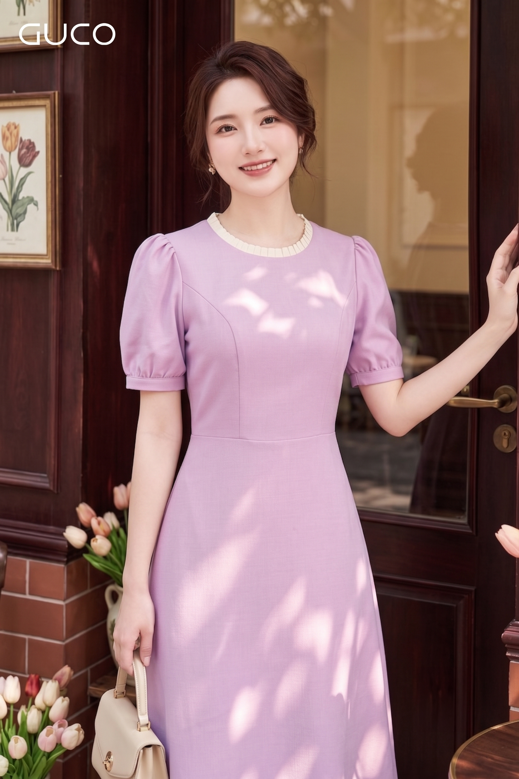 Đầm Tím Cổ Tròn Phối Viền Xếp Ly Trắng_thumbnail_1