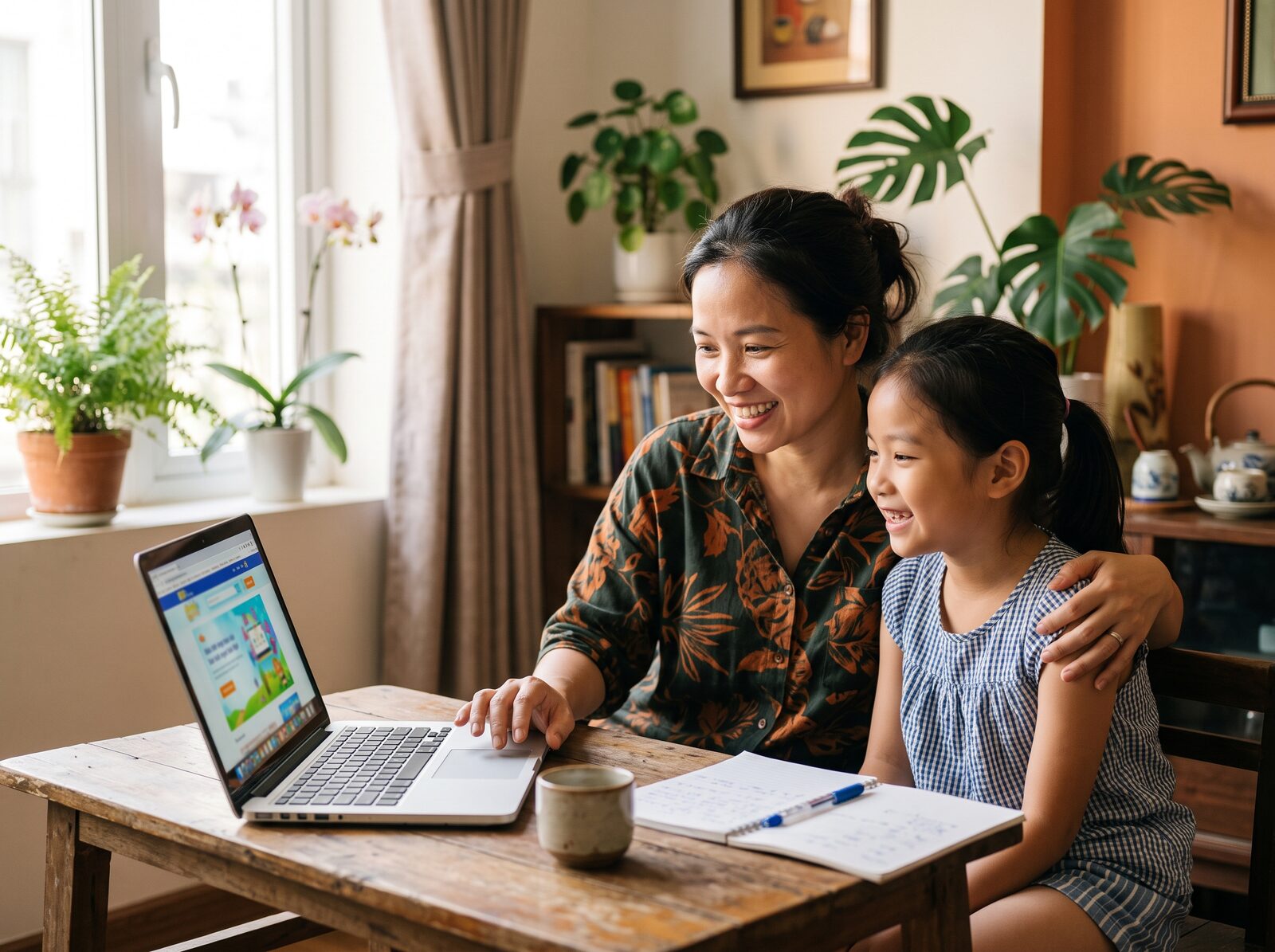 Mẹ và con cùng ngồi học Tiếng Anh online tại nhà