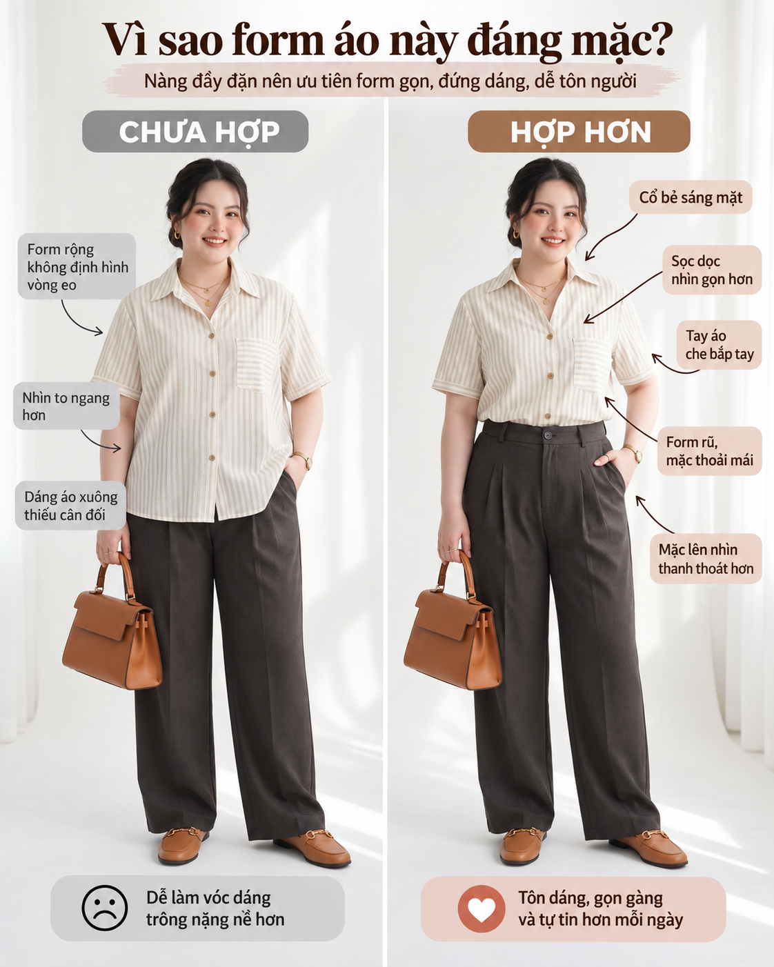Gợi ý so sánh áo V-AK126 khi thả ngoài và khi sơ vin cùng quần cạp cao