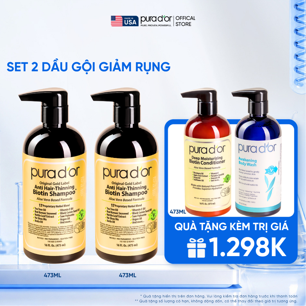 Set 2 Dầu Gội Biotin Pura D'or Original Gold Label Chăm Sóc Da Đầu, Giảm Rụng Tóc, Hỗ Trợ Mọc Tóc 473ml