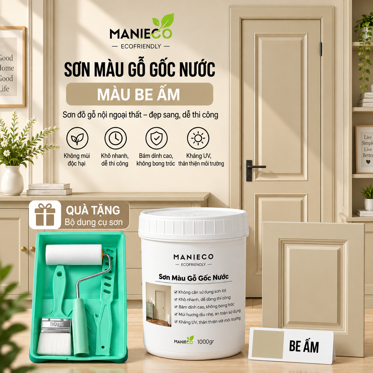 Màu Be Ấm - Sơn Gỗ Gốc Nước Đổi Màu Manieco 1KG - Nội Ngoại Thất, Che Phủ Hoàn Toàn, Không Mùi