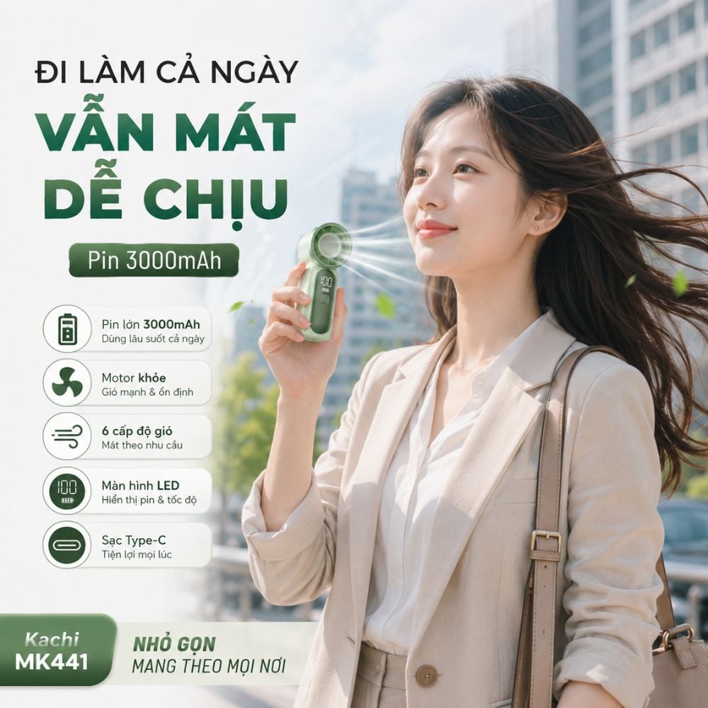 Quạt Cầm Tay Mini Kachi MK441 - Pin Khủng 3000mAh, Màn Hình LED Hiển Thị, 6 Cấp Độ Gió (Bảo Hành 18 Tháng)_thumbnail_9