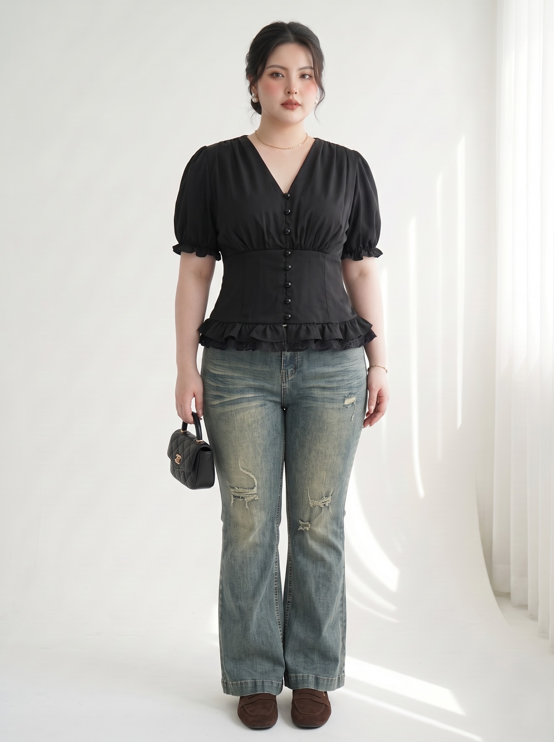 Quần Jean Ống Loe Rách Bigsize Lưng Cao Co Giãn Dài 100cm Wash Cá Tính - Vừa 55–90kg - T-QJ530