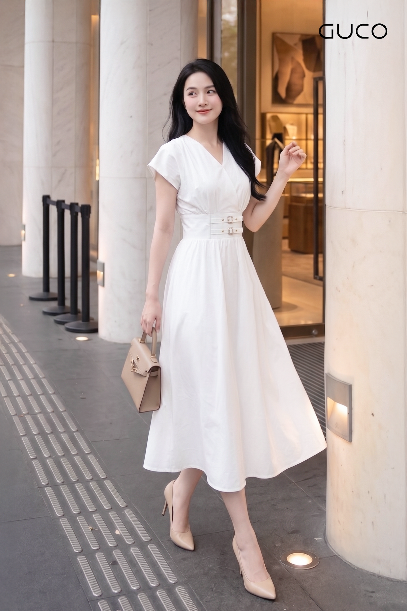 Đầm Midi Trắng Cổ V Xếp Ly Eo Corset