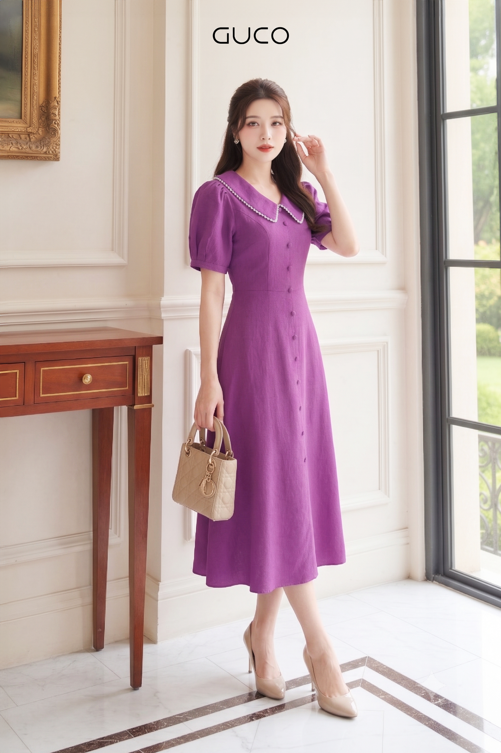 Đầm Xòe Tím Lavender Cổ Sen Viền Ren - 5173