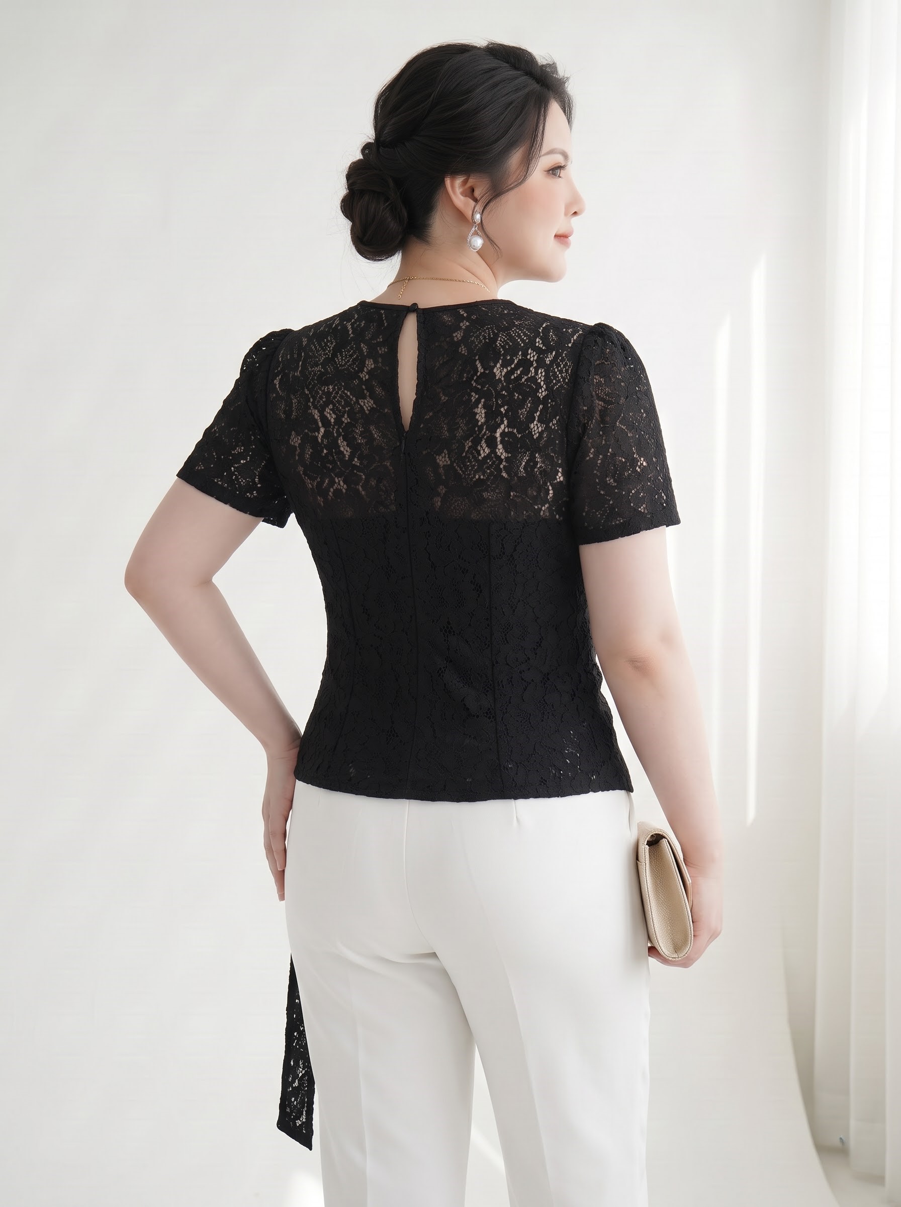 Áo Ren Hoa 2 Lớp Cột Nơ Bigsize Form Ôm Tạo Eo, Lót Cotton Lạnh - Đen - Vừa 55–90kg - V-AK124_thumbnail_2