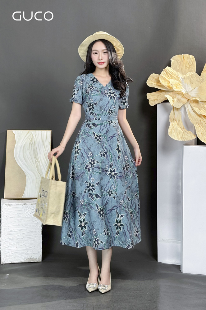ĐẦM HOA XÒE CỔ THẮT BÍM - XÁM_thumbnail_1