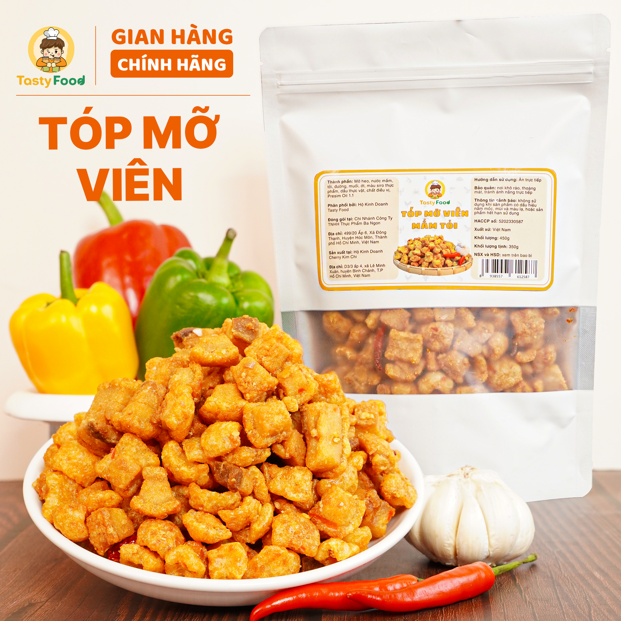 Tóp mỡ mắm tỏi viên giòn Tasty Food - Túi zip 500g - Hút chân không